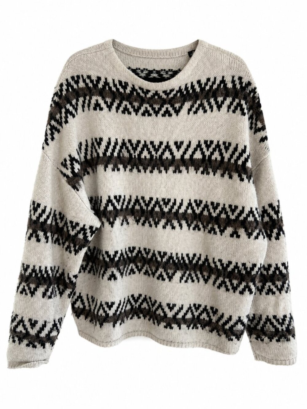 AllSaints Oversized Aztec Fair Isle Crewneck Sweater Cream Black M